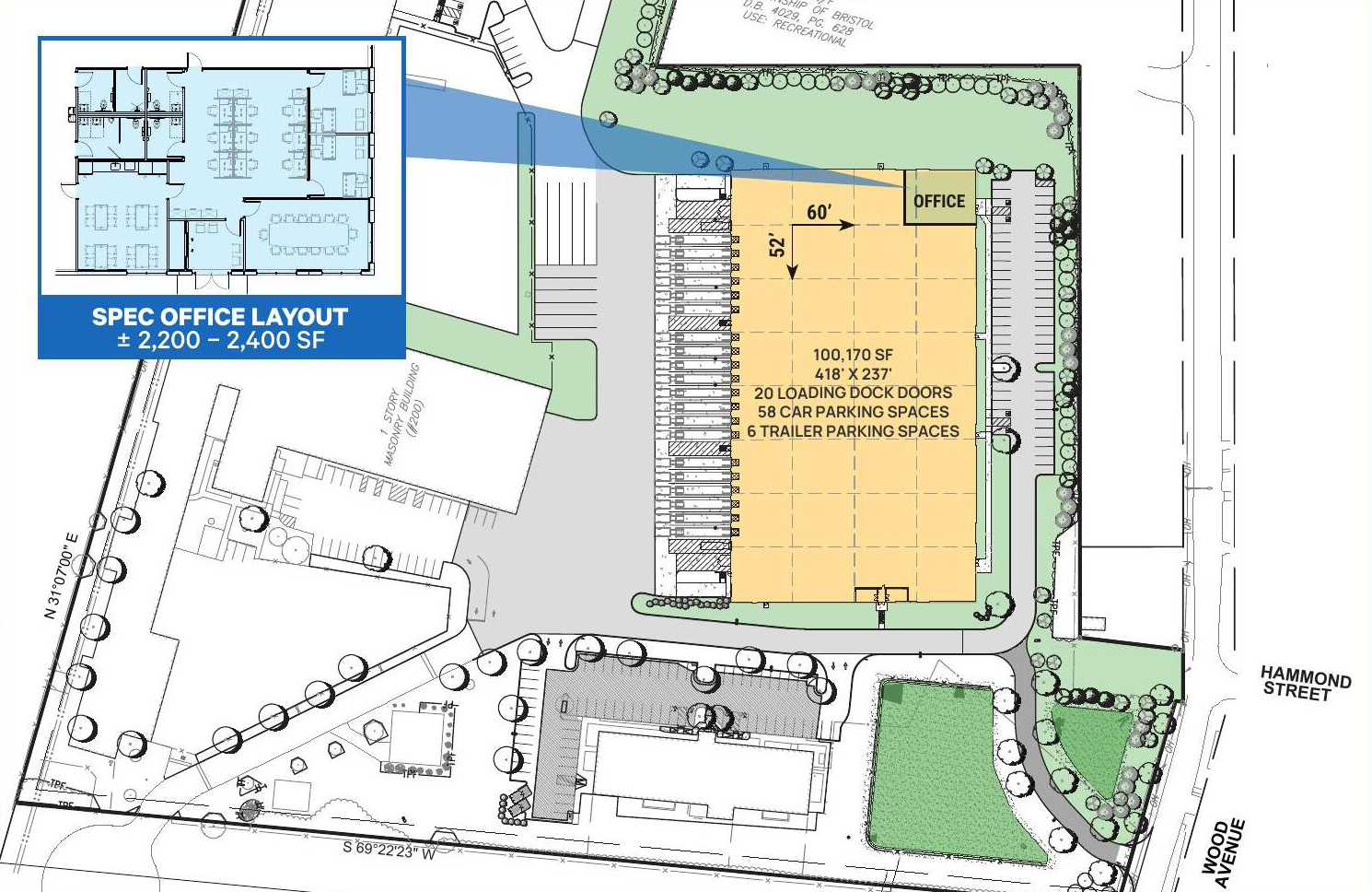 Site plan diagram of 805 N Wilson Ave showing building footprint, dock doors, and parking